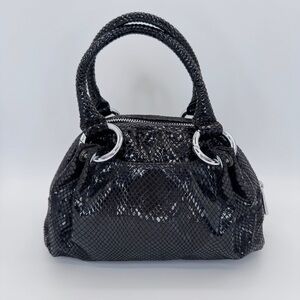VIA UNO Mini Satchel OS Black Glossy Snake Embossed Leather Top Handle Party Y2K